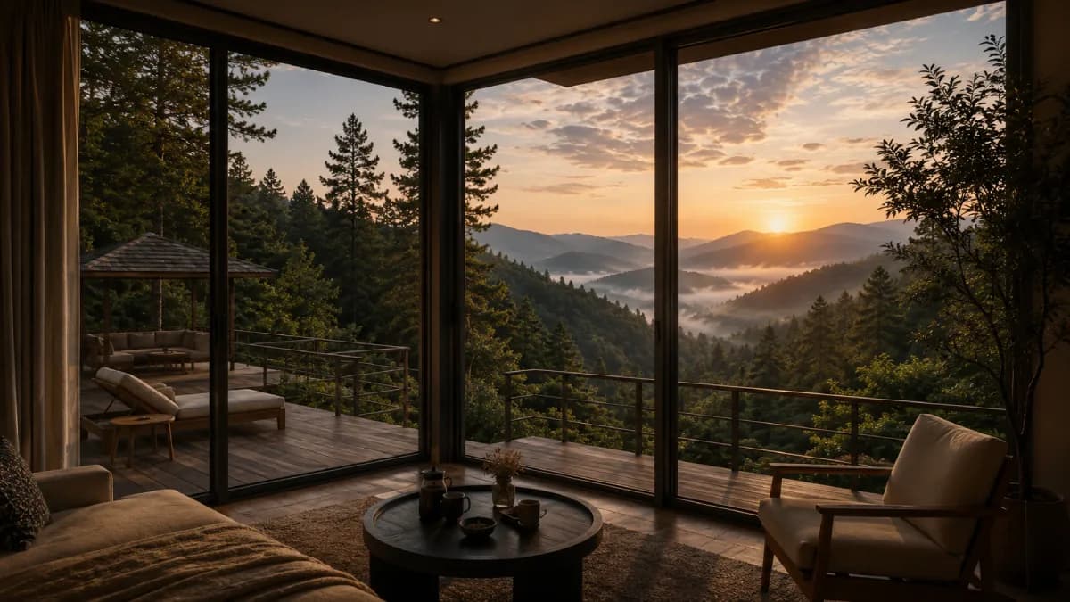 Sunrise over the mountains from a Tea Tops Hideaway suite